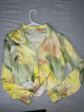 Aritzia Yellow Green Watercolor Satin Blouse